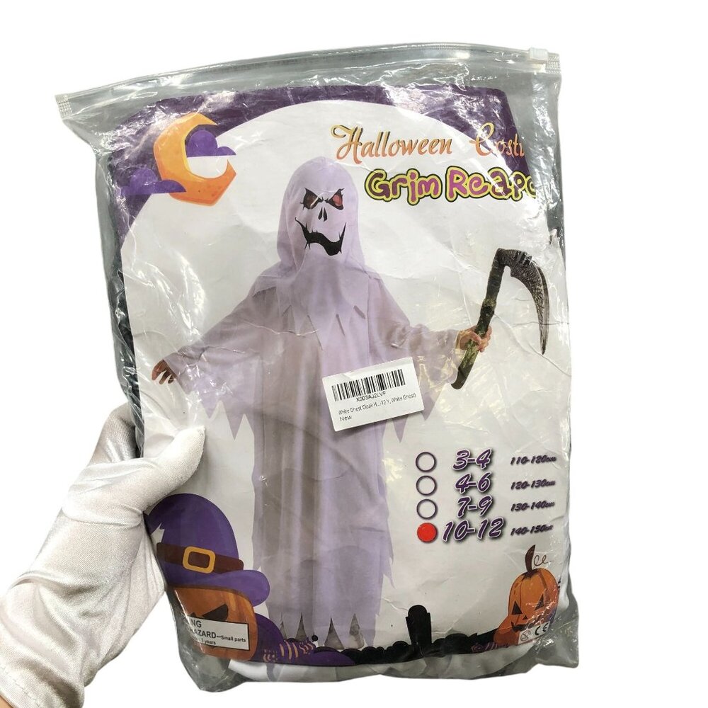 Youth 10-12 Grim Reaper Ghost Costume‎ Halloween White With Mask Boys Girls